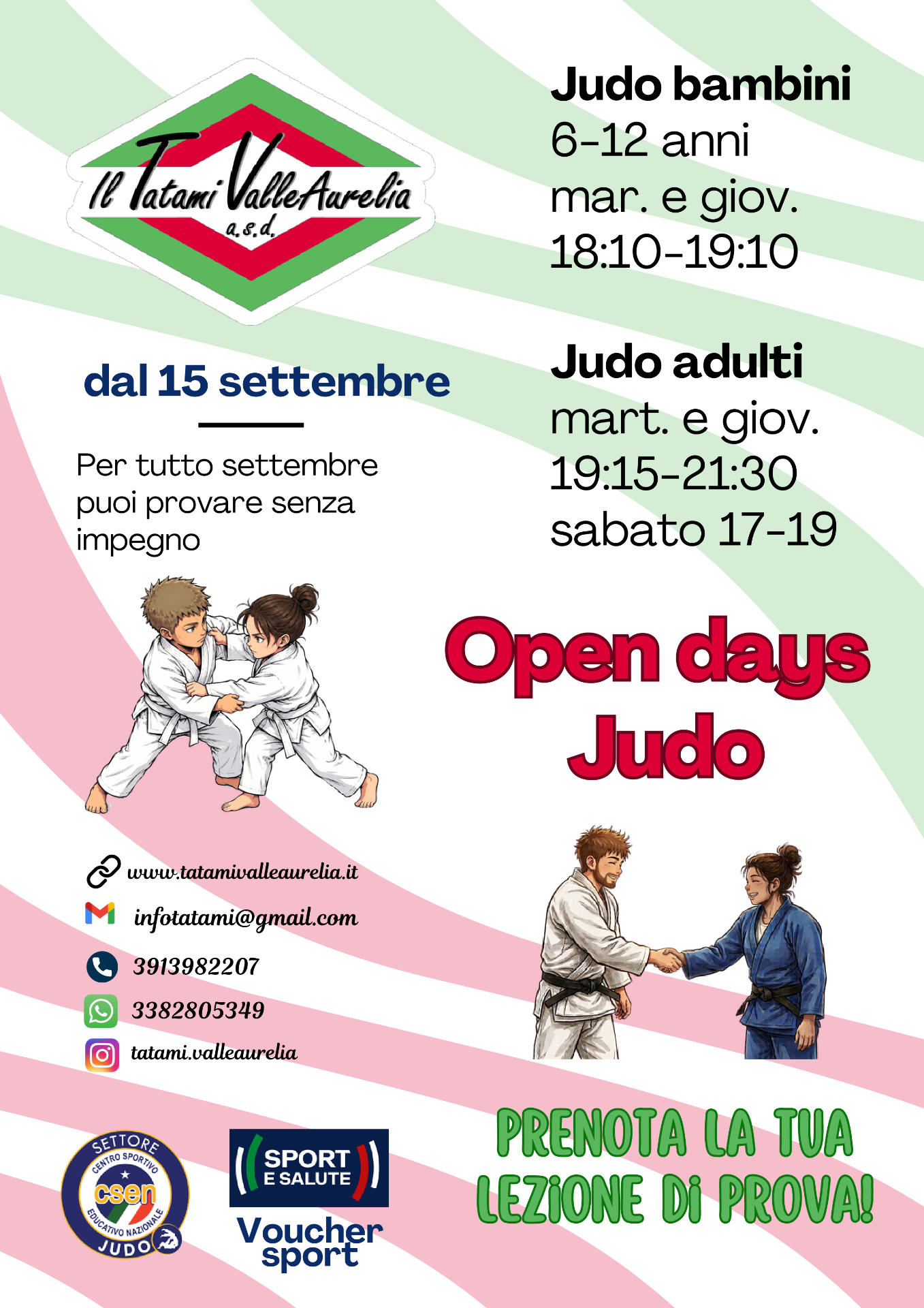 Locandina judo con orari per bambini e adulti, logo Tatami Vallel Aurelia e illustrazioni in judogi.
